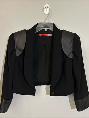 Alice + Olivia Black Blazer SMALL Leather Shoulder, Cuff minimalist contemporary